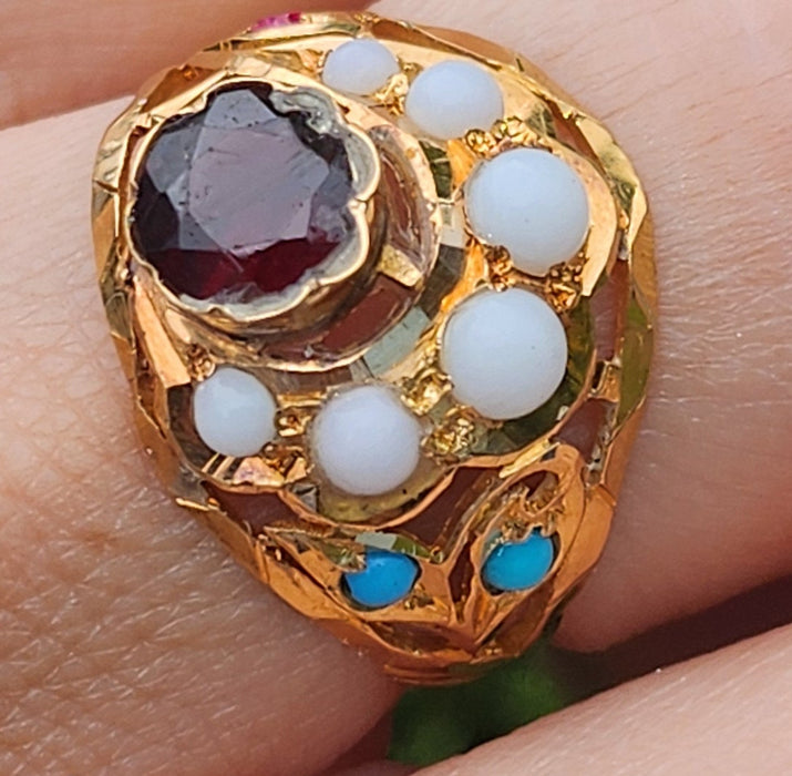 1472: Antique: 22ct Gold Mult-Gem "Bombe" Ring- Moonstones, Turquoise, Ruby- Wonderful