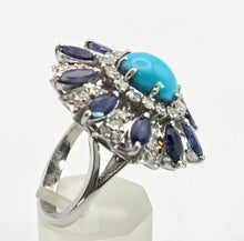 Cargar imagen en el visor de la galería, 2269: Vintage: 14ct White Gold Turquoise, Blue Sapphires, 56 Diamonds Statement Cluster Ring
