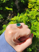 Load image into Gallery viewer, 1722: Vintage: 18ct Gold Emerald &amp; Diamonds Square Set Cocktail Ring- exceptional
