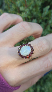 Vintage: Classic 9ct Gold White Opal 14 Red Garnets Flower Head Ring