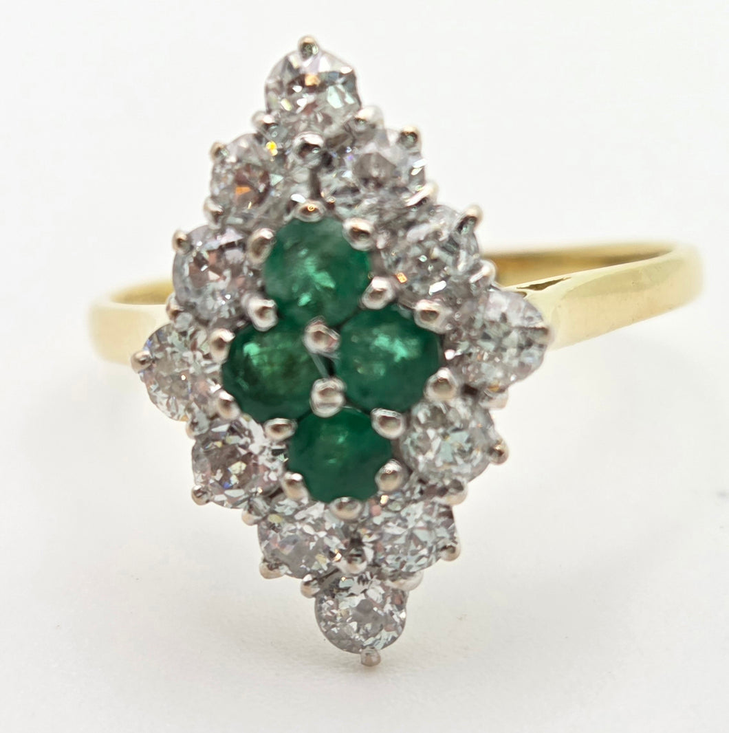 2318: Vintage: 18ct Gold Emeralds Diamonds Marquise Set Art Deco Style Ring- From 1977