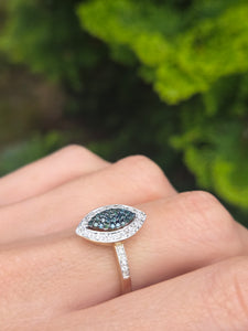 2153: Vintage: 9ct Gold Blue White Diamonds Dress Ring- 55 natural sparkling diamonds