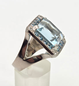 VINTAGE; 14ct White Gold Large Emerald Cut Aquamarine (13.9ct) , Blue Diamonds Statement Cocktail Ring