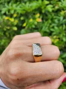 6106Vintage: Heavy 9ct Gold Black White Diamonds Signet Ring- sparkling statement