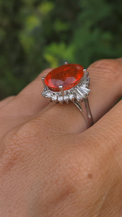 Vintage: 14ct White Gold Fire Opal 7.42ct & Diamond 1.44ct Dress Ring