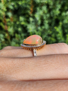 1971: Vintage: 9ct Gold Ethiopian Opal 50 Natural Diamonds Cocktail Ring- fabulous colour play
