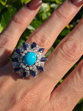 Cargar imagen en el visor de la galería, 2269: Vintage: 14ct White Gold Turquoise, Blue Sapphires, 56 Diamonds Statement Cluster Ring
