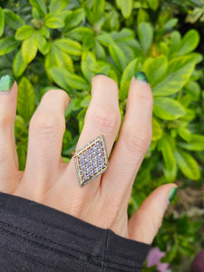 0542: Vintage: 9ct Gold Tanzanites Diamonds Geometric Set Statement Ring-&nbsp;