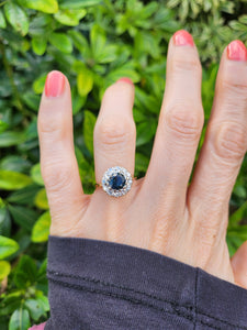 0292: Vintage; 18ct Gold French Blue Sapphires High- Calibre Diamonds Floral Cluster Ring- Date Mark -1968