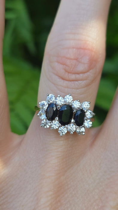 Vintage: 9ct Yellow Gold Sapphire & Simulated Diamond Cluster Ring