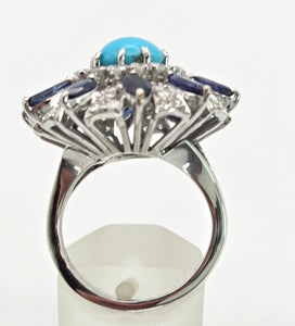 2269: Vintage: 14ct White Gold Turquoise, Blue Sapphires, 56 Diamonds Statement Cluster Ring