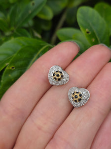 2114: Vintage: 9ct Mixed Gold Blue 14 Sapphire 48 Diamonds Heart Shaped Stud Earrings.
