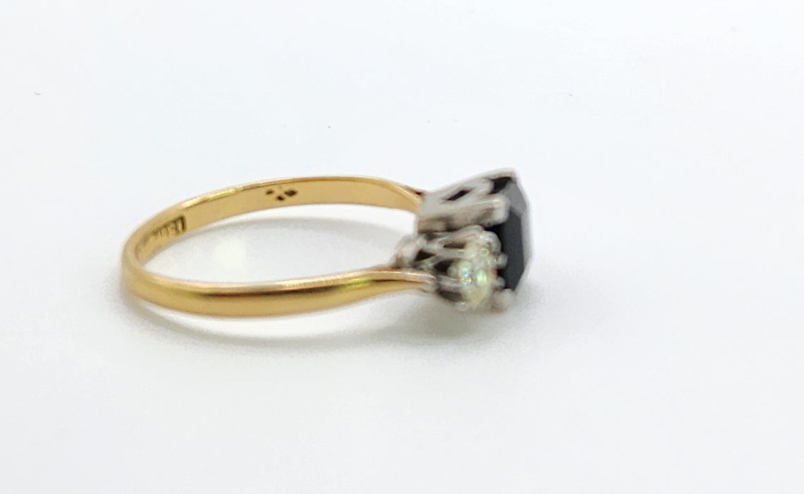 1598 Vintage: 18ct Yellow Gold & Platinum Sapphire & Diamond Three Stone Ring
