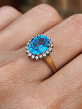 Load image into Gallery viewer, 1650: Vintage: 9ct Gold Swiss Blue Topaz 18 Diamonds Cluster Ring- sparkling beauty
