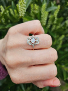 1146: Antique: Art Deco White Opal 12 Diamonds Geometric Set Ring- old, authentic, beautiful
