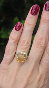 2420 Vintage: 9ct Gold Faceted Fiery Orange Citrine 24 Natura Diamonds Dress Ring