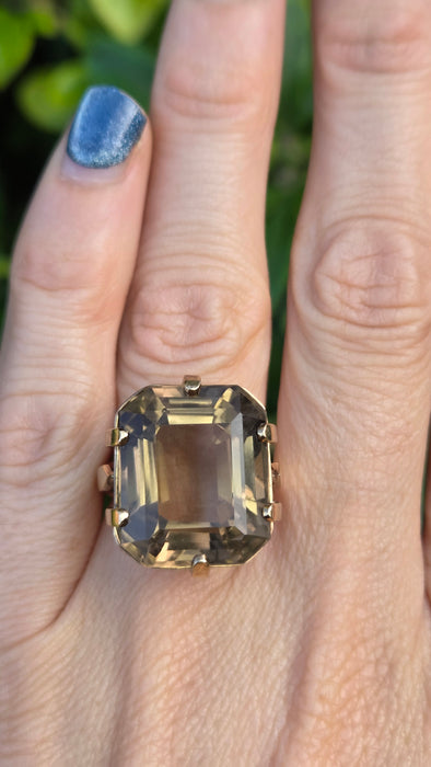 6476  Vintage: large 9ct Gold Square Cu Smokey Quartz Statement Ring