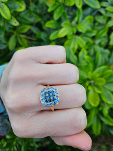 0692: Vintage: 9ct Gold Amethysts Blue Diamonds Cocktail Ring- exquisite symmetry