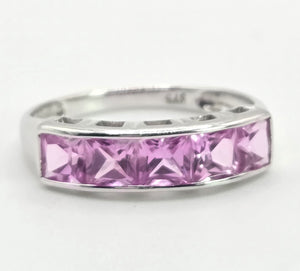2184: Vintage; 9ct White Gold Pink Sapphires Stacker/Dress Ring- petite, pink and cute