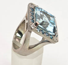 Load image into Gallery viewer, VINTAGE; 14ct White Gold Large Emerald Cut Aquamarine (13.9ct) , Blue Diamonds Statement Cocktail Ring
