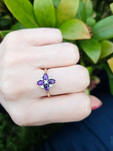 0736: Vintage; 9ct Gold Rich Purple Amethyst Diamonds Geometric Set Cocktail Ring- sparkling symmetry