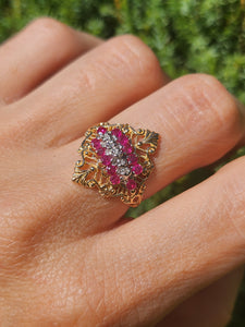 6117: Vintage: Dramatic 14ct Gold Openwork 12 Rubies 5 Diamonds Cocktail Ring