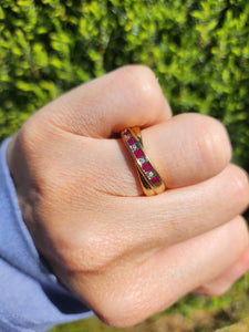 1380: Vintage: 9ct Gold Rubies Diamonds Crossover Ring- sparkling symmetry