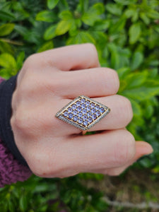 0542: Vintage: 9ct Gold Tanzanites Diamonds Geometric Set Statement Ring-&nbsp;