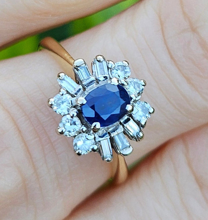 6315  Exceptional 18ct Cornflower Blue Sapphire Diamonds Flower Head Ring- From 1988