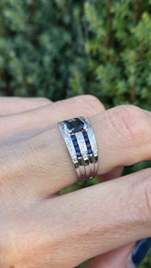Vintage: Art Deco Style 9ct White Gold Blue Sapphires Natural Diamonds Ring