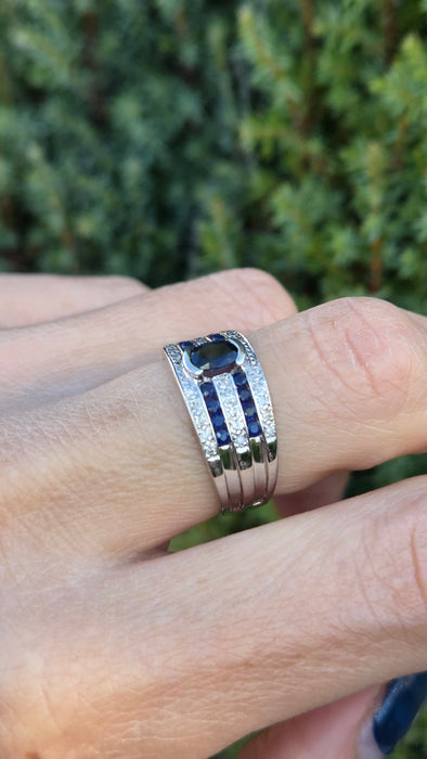 6462 Vintage: Art Deco Style 9ct White Gold Blue Sapphires Natural Diamonds Ring
