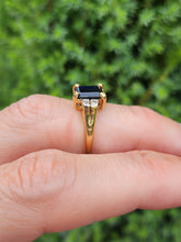 Load image into Gallery viewer, 6112: Vintage: 18ct Gold Emerald Cut Royal Blue Sapphire Diamonds Dress Ring- lovely symmetry
