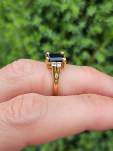 6112: Vintage: 18ct Gold Emerald Cut Royal Blue Sapphire Diamonds Dress Ring- lovely symmetry
