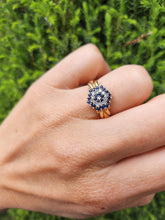 Cargar imagen en el visor de la galería, 1641: Vintage: 9ct Gold Geometric Sapphires Diamonds Dress Ring- captivating design
