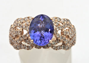 2344: Vintage:&nbsp; 14ct Gold&nbsp; Large Vibrant Blue Tanzanite Pave Diamonds Openwork Dress Ring- Exceptional