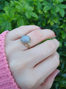 7060: Vintage: 9ct Gold Large White Moonstone Sapphire Accents Cocktail Ring- lovely colours