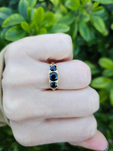 0452: Vintage: 18ct Gold French Blue Sapphires Trilogy Diamonds Ring- Date-Mark 1973