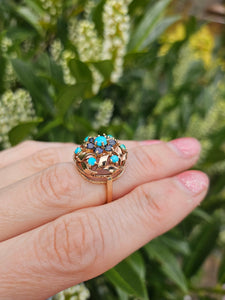 1510: Vintage: 9ct Gold Turquoises Sapphires Cluster Ring- from 1964