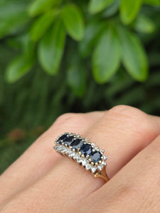 2125: Vintage: 9ct Gold 5 Australian Blue Sapphires 26 Diamonds Dress Ring