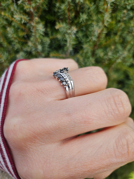 1436: Vintage: 9ct White Gold Black White Diamonds Cocktail Ring-Lush