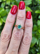 Load image into Gallery viewer, A8018: Vintage; 18ct Gold Round Cut Emerald 10 Diamonds Daisy Ring- petite, refined, sophisticated
