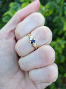 0760: Vintage: 18ct Gold Art Deco Blue Sapphire Diamonds 3 Stone Ring- old is beautiful