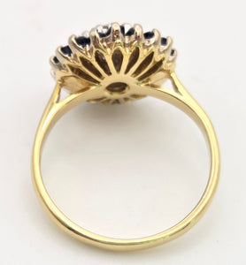 2324: Vintage: 18ct Gold Blue Sapphires Diamonds Target Ring- From 1974