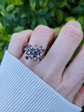 Load image into Gallery viewer, 0907: Vintage: 18ct White Gold Rubies Diamonds Asymmetrical Spray Ring- Date-Mark 1973
