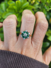 Load image into Gallery viewer, 9083:Vintage: 18ct Gold 6 Emeralds 7 Diamonds Flower Head Ring- timeless classic. nice weight, sparkling
