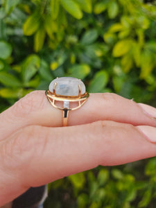 1001: Vintage; 9ct Gold Cabochon White Moonstone Solitaire Ring- LUSH