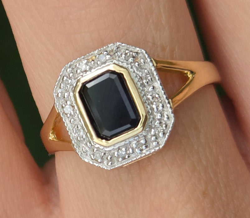 2048: Vintage: 9ct Gold Art Deco Style French Blue Sapphires 12 Diamonds Ring- Geometric beauty
