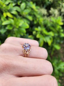 A8350: Vintage; 9ct Gold Blue Tanzanites Round Cut Diamonds Dress Ring- lovely, fresh combination