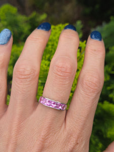 2184: Vintage; 9ct White Gold Pink Sapphires Stacker/Dress Ring- petite, pink and cute