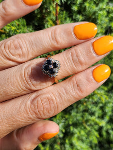 2030: Vintage; 18ct Gold French Blue Sapphires 24 natural Diamonds Geometric Set Cocktail Ring- From 1974